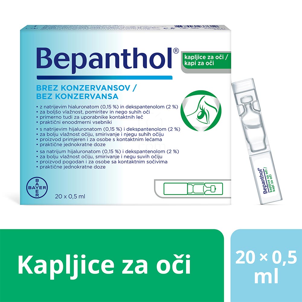 BEPANTHOL KAPI ZA OČI (20 x 0,5ml)Sadrže, hijaluronsku kiselinu i dekspantenol, koji nadraženom oku pružaju trenutno olakšanje.